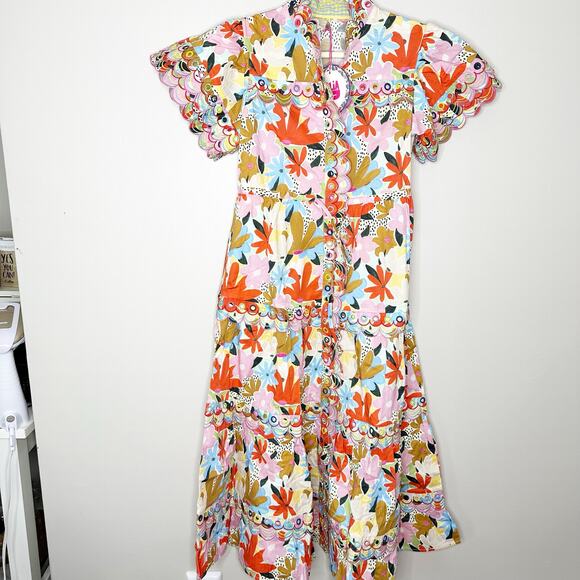 CELIA B Freya Dress Multi Floral Scalloped Edge Midi Shirt Dress Med NEW - Picture 2 of 9